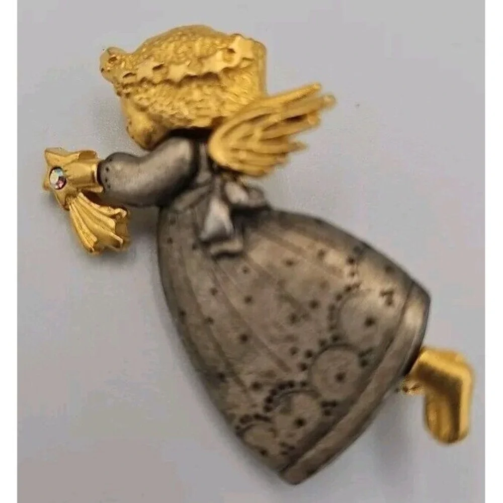 Vintage Danecraft Angel Pin  Wishing On A Star Rhinestone‎ Gold Silver Tone